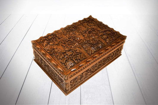 Hand carved Jewellery Box in Walnut Wood - Chinar Design 12" x 8"