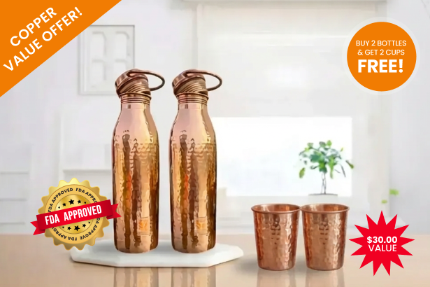 Buy 2 Copper Bottles + 2 Free Cups | Kaarigar Copper Deals  Kaarigar  Handicrafts Inc.